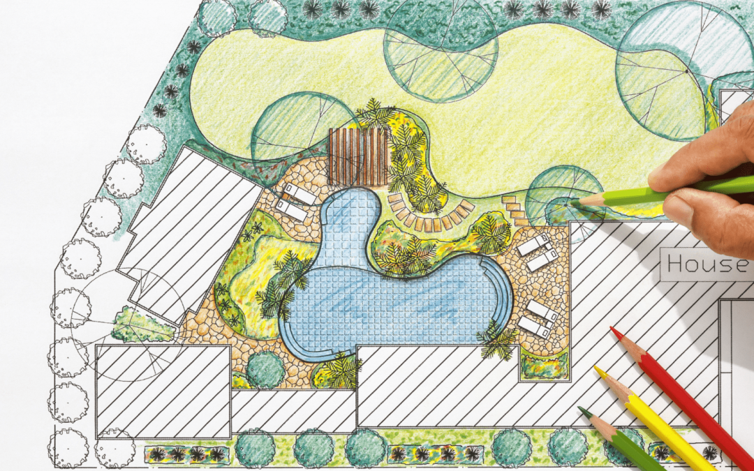 A design sketch from a Greenhaven Landscapes designer of a pond, pathways, patios, and landscape design for a Vancouver WA property