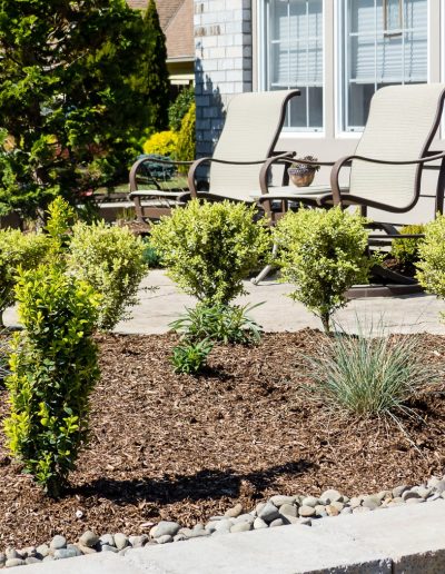 A Greenhaven Landscapes-designed customer's Vancouver WA backyard with stone patio and newly planted shrubbery