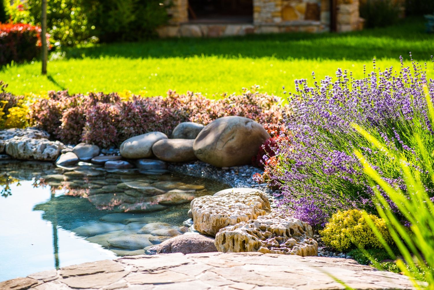A Greenhaven Landscapes-designed Vancouver WA pond and rock border with lavender