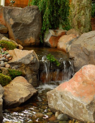 A Greenhaven Landscapes-designed water feature - a Vancouver WA backyard waterfall with large stones and shrubbery planted along it's edges
