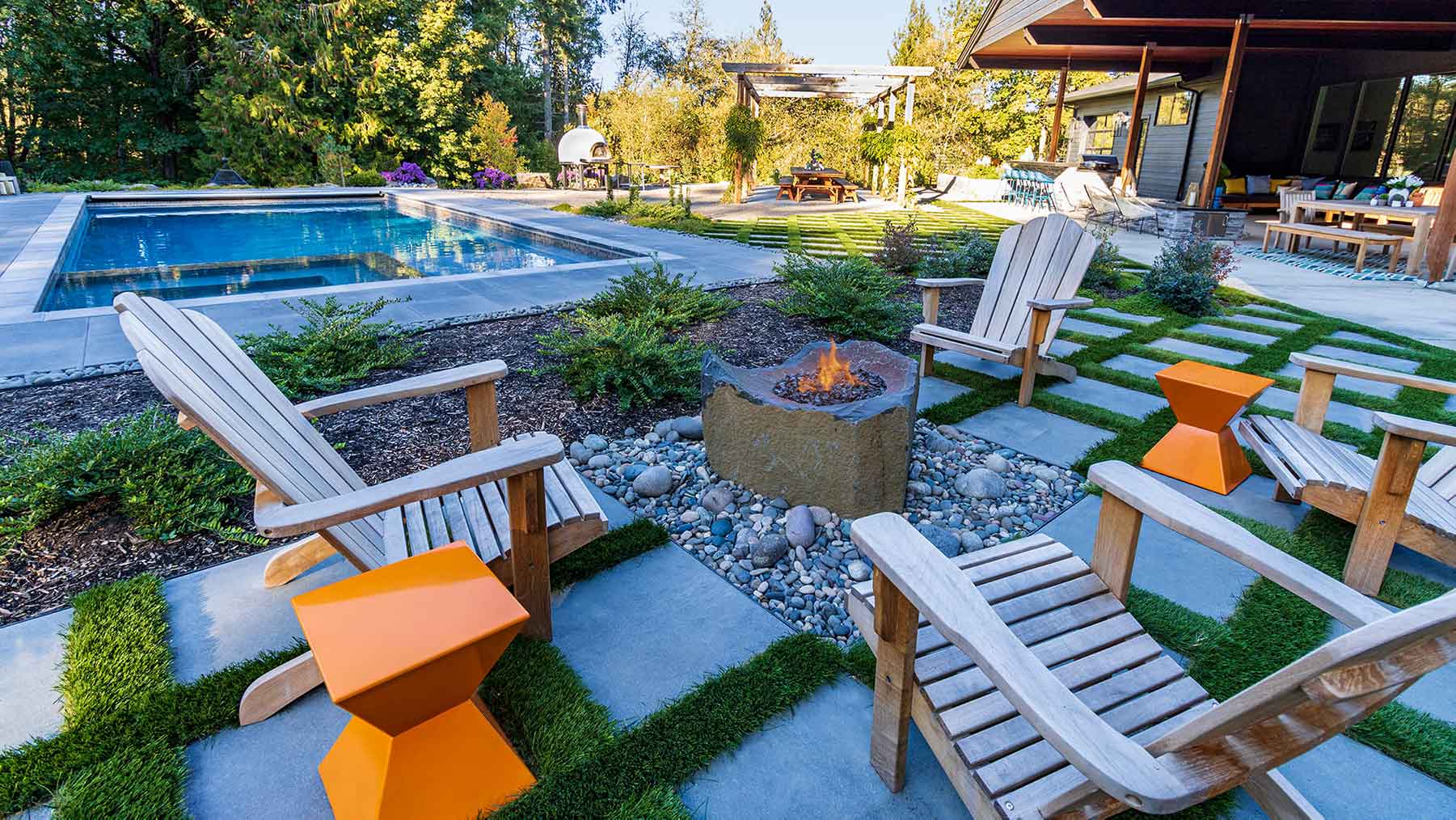 Outdoor patio with a fire pit and pool