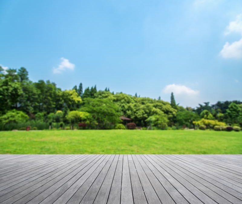 wooden platform overlooking a green field
