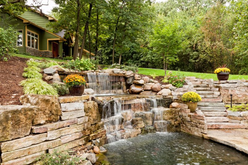landcaped backyard with large waterfall and pond