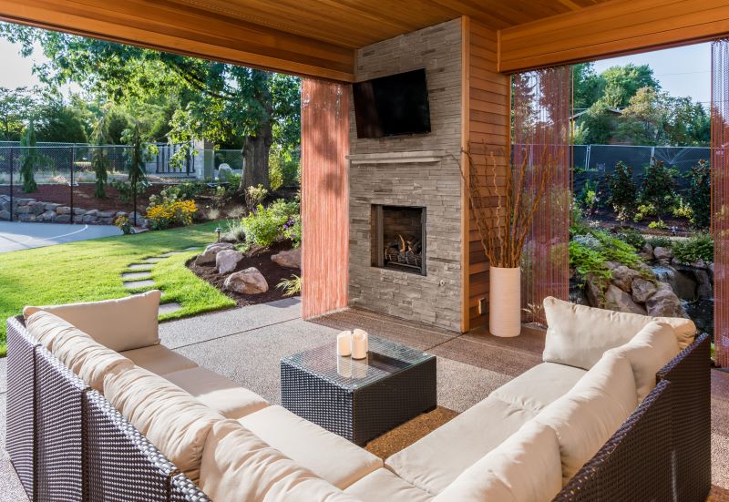 covered patio with fireplace and tv and large sectional