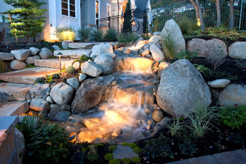 Greenhaven landscaped backyard with stone waterfall