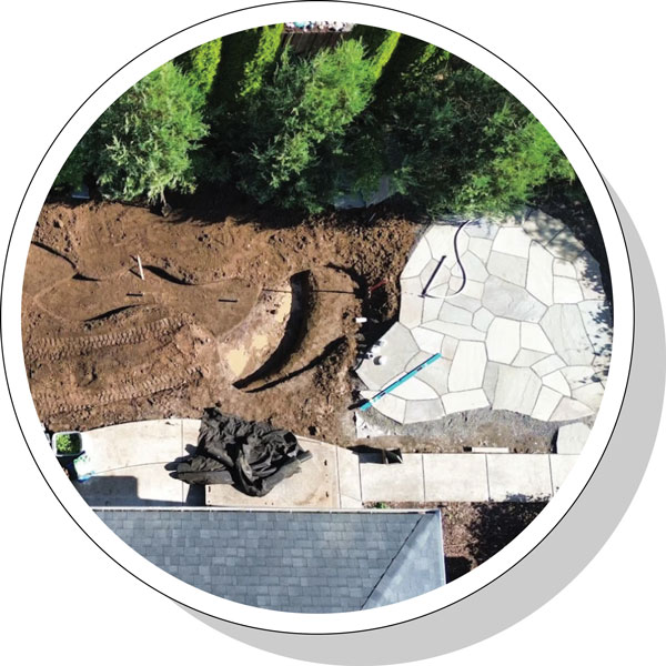 aerial overhead view of a Greenhaven Landscapes patio project in process