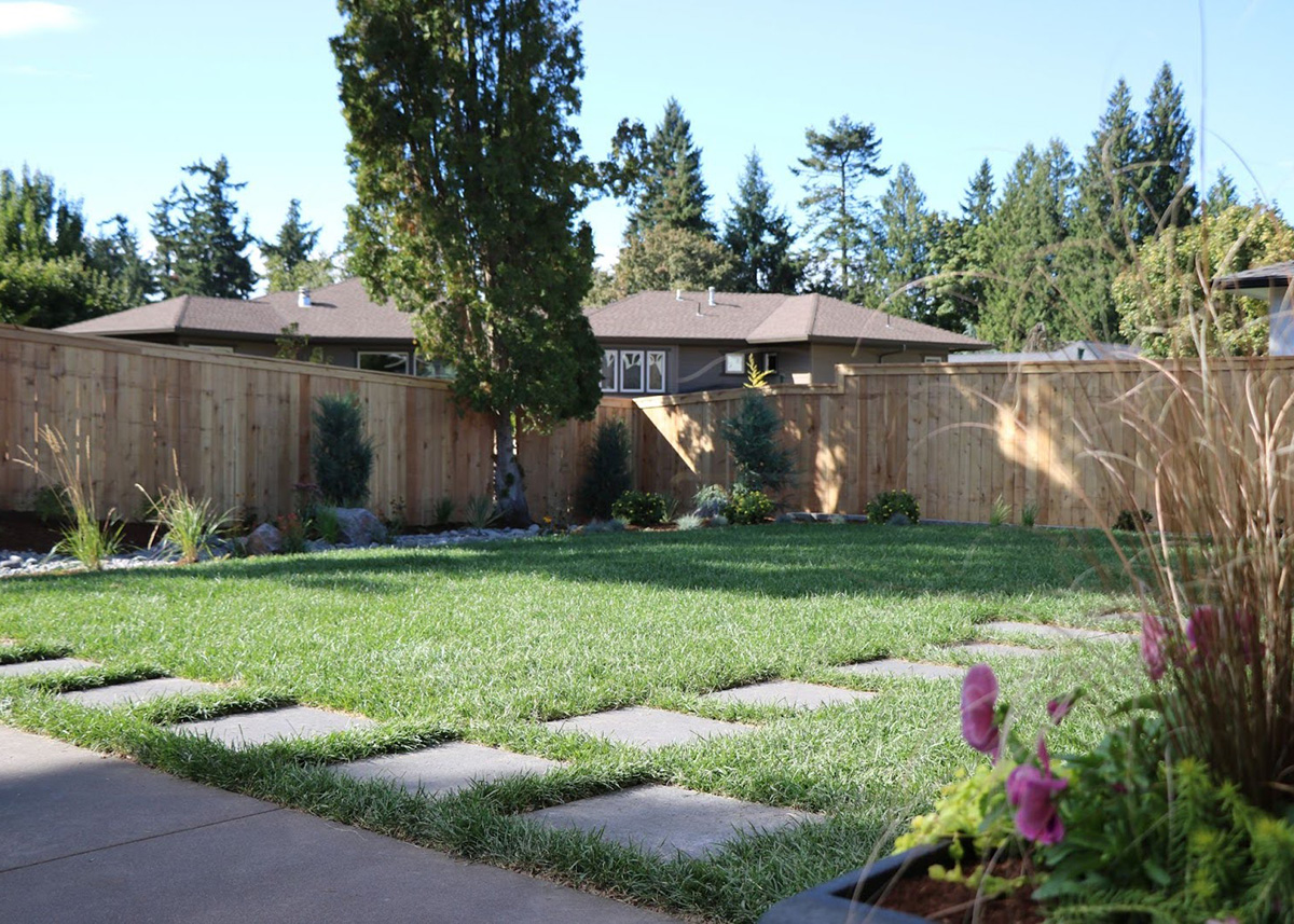 a fenced backyard lawn with square step pathways by Greenhaven Landscapes