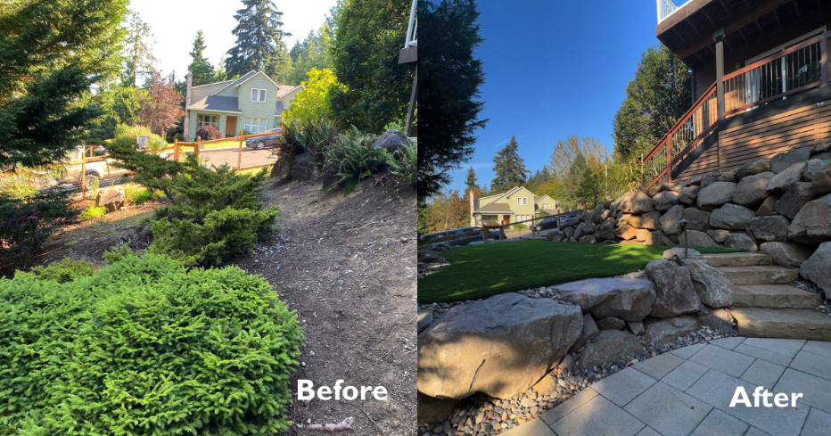 a before and after of a retaining walls project by Greenhaven Landscapes
