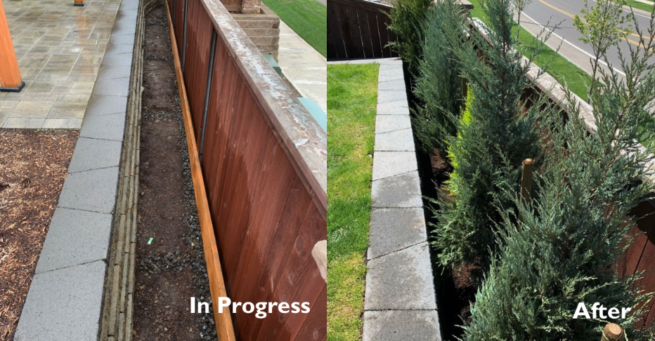 an in-progress and an after image of a retaining walls project by Greenhaven Landscapes