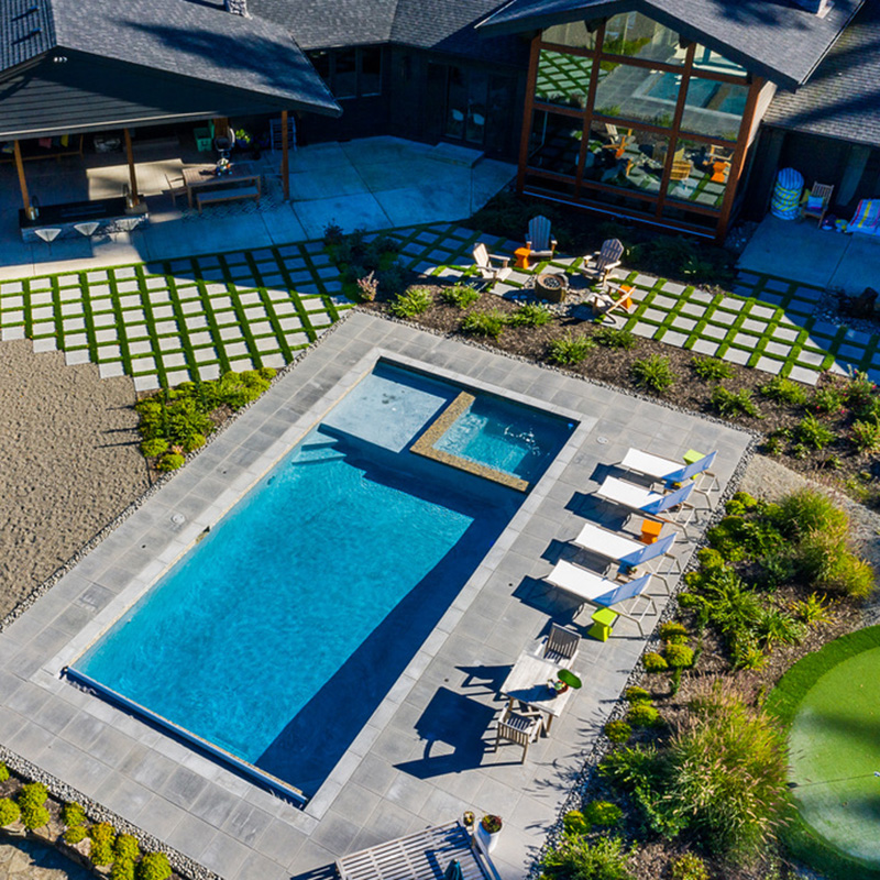 overhead view of a custom pool by Greenhaven Outdoor Living